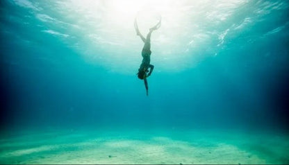 Person free diving underwater in clear blue water