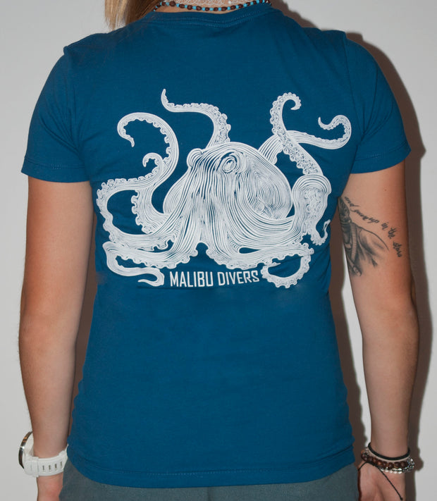 Women's Crew Neck, Short Sleeve  - Malibu Divers Logo + Octopus